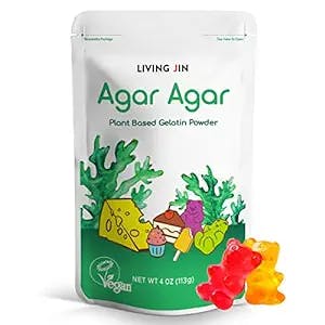 LIVING JIN Agar Agar Powder (4oz) Vegan Gelatin Substitute, 100% Natural Red Algae, Gluten-free, Non-GMO, 100%, Sugar-free, Halal, Desserts, Thickener