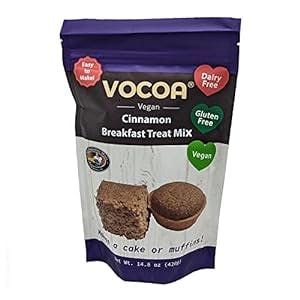 VOCOA REAL VEGAN ALLERGY-FRIENDLY ALLERGEN-FREE GLUTEN-FREE CINNAMON BREAKFAST TREAT MIX wheat-free, egg-free, nut-free, dairy-free, soy-free, GMO-free, no gums, no preservatives, preservative-free, no artificial flavors, no oil, make as muffins or a cake!