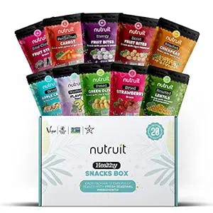 Nutruit Gourmet Healthy Snack Box (20 Packs) - Individually Packed Vegan Snacks 1 Mystery Flavor, Gluten-Free, No Sugar Added, Non-GMO, High Fiber, Plant-Based Protein, Low Calorie, 10 Delicious Flavors, Perfect Snack Gift Box for Health-Conscious Individuals 1.2oz Packs