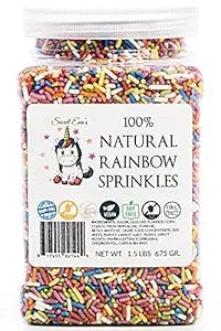 100% NATURAL RAINBOW SPRINKLES - NATURAL COLOR, DAIRY FREE, NUT FREE, GLUTEN FREE, SOY FREE, VEGAN, EGG FREE AND KOSHER ,1.5 LBS. CUPCAKE AND CAKE TOPPER,BULK CANDY, RESEALABLE CONTAINER,COLORFUL
