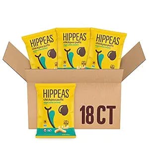 Hippeas Chickpea Puffs, Vegan White Cheddar, 0.8 Ounce (Pack of 18), 3g Protein, 2g Fiber, Vegan, Gluten-Free, Crunchy, Plant Protein Snacks - Packaging May Vary