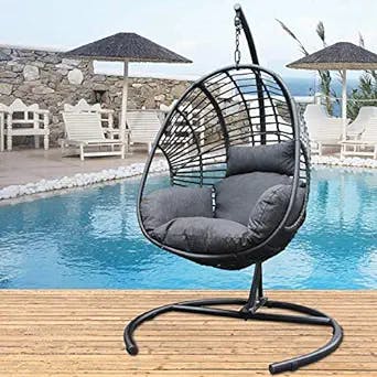 Morhome Swing Egg Chair with Stand Indoor Outdoor, UV Resistant Cushion Hanging Chair, Anti-Rust Foldable Aluminum Frame Hammock Chair, 350lbs Capacity Hanging Chair for Patio Porch Backyard