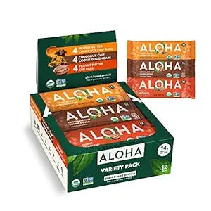 ALOHA Organic Plant Based Protein Bars - Peanut Butter & Cookie Dough Variety Pack - 12 Count, 1.9oz Bars - Vegan Snacks, Low Sugar, Gluten-Free, Low Carb, Paleo, Non-GMO, Stevia-Free, No Sugar Alcohol Sweeteners (Peanut Butter & Cookie Dough)