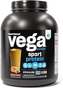 Vega Sport Premium Vegan Protein Powder Peanut Butter (45 Servings) 30g Vegan Protein, 5g BCAAs, Keto, Dairy Free, Gluten Free, Non GMO, Pea Protein for Women & Men, 4.4lbs (Packaging May Vary)