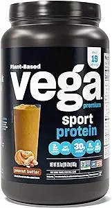 Vega Sport Premium Vegan Protein Powder Peanut Butter (19 Servings) 30g Vegan Protein, 5g BCAAs, Low Carb, Keto, Dairy Free, Gluten Free, Pea Protein for Women & Men, 1.8lbs (Packaging May Vary)