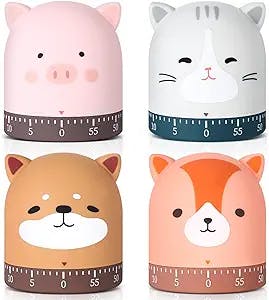 4 Pcs Kitchen Cooking Timer Animal Mechanical Timer 60 Minute Wind up Dial 360° Rotating Countdown Egg Reminder No Batteries Loud Ring Cartoon Alarm for Kids Time Management, Fox Pig Cat Dog(Animal)