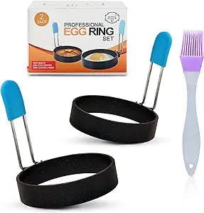KITCHENATTE (Set of 2) 3.5" Non-Stick Egg Rings for Frying Eggs, Egg Mold for English Muffins, and Mini Pancake Rings with Silicone Coated anti-scald handles and Oil Brush, egg circles for cooking