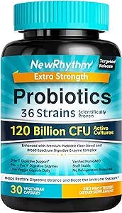 NewRhythm Probiotics 120 Billion CFU 36 Strains, 3-in-1 Digestive & Immune Support with Prebiotics & Enzymes, Targeted Release, Stomach Acid Resistant, No Refrigeration, Non-GMO, Vegan