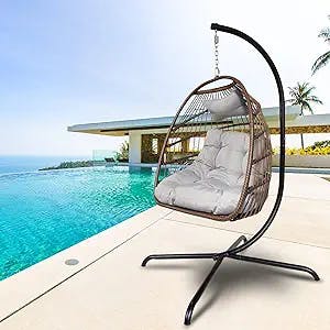 Goohome Egg Chair, Indoor Outdoor Egg Swing Chair with Stand, Woven Wicker Rattan Patio Basket Hanging Egg Chair w/Cushion and Pillow, Foldable Hanging Egg Chair for Garden Patio Bedroom Balcony