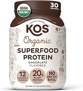 KOS Vegan Protein Powder Erythritol Free, Chocolate - Organic Pea Protein Blend, Plant Based Superfood Rich in Vitamins & Minerals - Keto, Dairy Free - Meal Replacement for Women & Men, 30 Servings