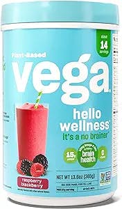 Vega Hello Wellness It’s a No Brainer Blender Free Smoothie, Raspberry Blackberry (14 Servings) Plant Based Vegan Protein Powder, Omega 3 DHA, Antioxidant Vitamin C, 13.6oz(Packaging May Vary)