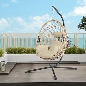 JOZZBY Egg Chair with Stand - Foldable Rattan Hanging Egg Chair Indoor Outdoor with Cushion and Pillow, Patio Wicker Egg Swing Chair for Bedroom Patio Poolside Balcony, 350 lbs Capacity, Beige