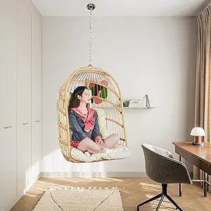 Indoor Outdoor Hanging Egg Chair Without Stand Folding Patio Wicker Hanging Swing Chair with Hanging Chain 62.99 inch Weight Capacity 360LBS(Beige Without Stand)
