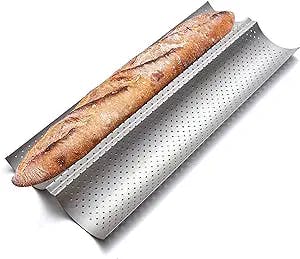 KITESSENSU Nonstick Baguette Pans for French Bread Baking, Perforated 2 Loaves Baguettes Bakery Tray, 15" x 6.3", Silver