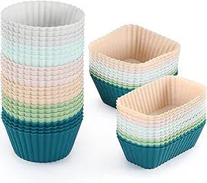 48 Pack Silicone Cupcake Liners, 3 Shapes of Standard Round & Square & Rectangle - Reusable Non-Stick Muffin Cups for Baking, Multicolor Bento Lunch Box Dividers - Non-Toxic, BPA Free, Dishwasher Safe