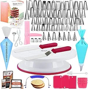 Gift For Women-Cake Decorating Supplies Kit for Beginners RFAQK 200PCs -Cake Turntable with 48 Numbered Piping &7 Korean Tips(Pattern chart included)-Straight & Offset Spatula-Leveler &Baking tools