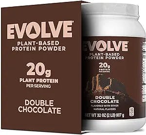 Evolve Plant Based Protein Powder, Double Chocolate, 20g Vegan Protein, Dairy Free, No Artificial Flavors, Non-GMO, 3g Fiber, Amazon Exclusive, 2 Pound (Packaging May Vary)