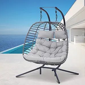 2 Person Hanging Egg Chair with Stand for Outdoor, Patio Hand Made Rattan Wicker Double Egg Swing Chairs Hammock Chair with UV Resistant Cushion and Metal Frame, Porch Swing Loveseat for Backyard