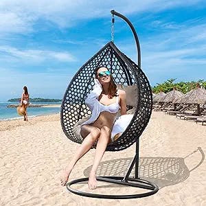 Egg Swing Chair with Stand,Hanging Egg Chair with Cushions and Pillow,Heavy Duty Lounge Basket Chair,Indoor Outdoor Patio Porch Lounge Relaxing Chair for Patio Balcony Backyard,Bedrooms (Black)