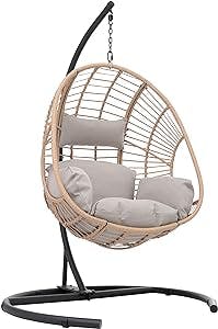 DHPM Furniture Swing Egg Chair with Stand Indoor Outdoor Wicker Rattan Hammock Chair Patio Basket Tear Drop Hanging Chair with UV Resistant Cushions